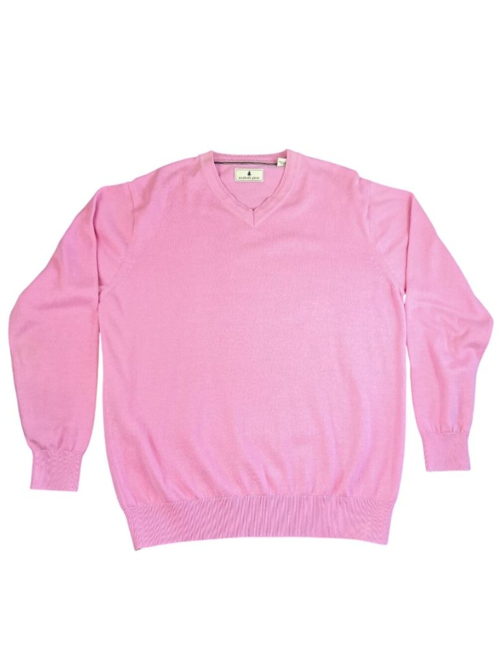 Southern Pines Mens Large Sweater Pink V Neck 100% Cotton Pullover Knit Casual